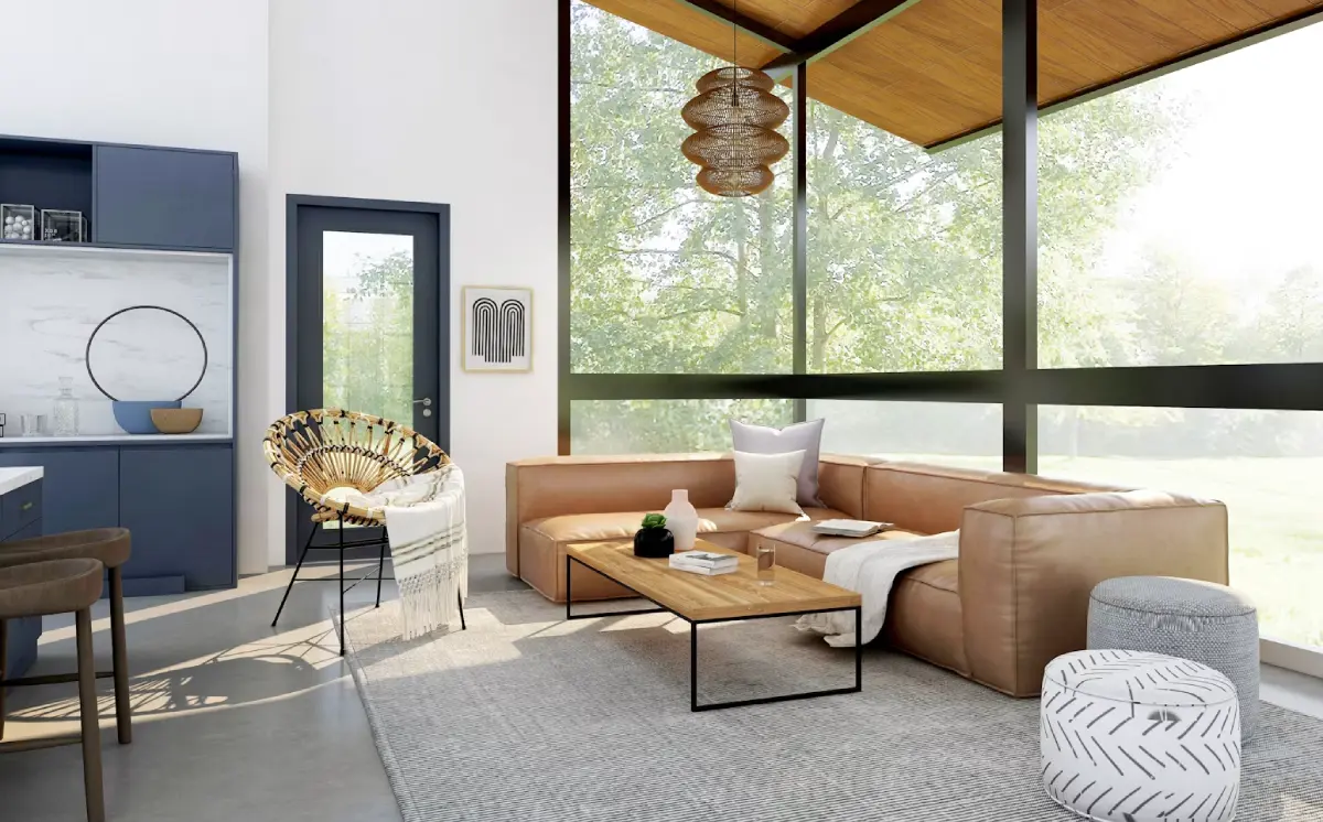 Professional 3D rendering of a furnished living room with detailed lighting and materials