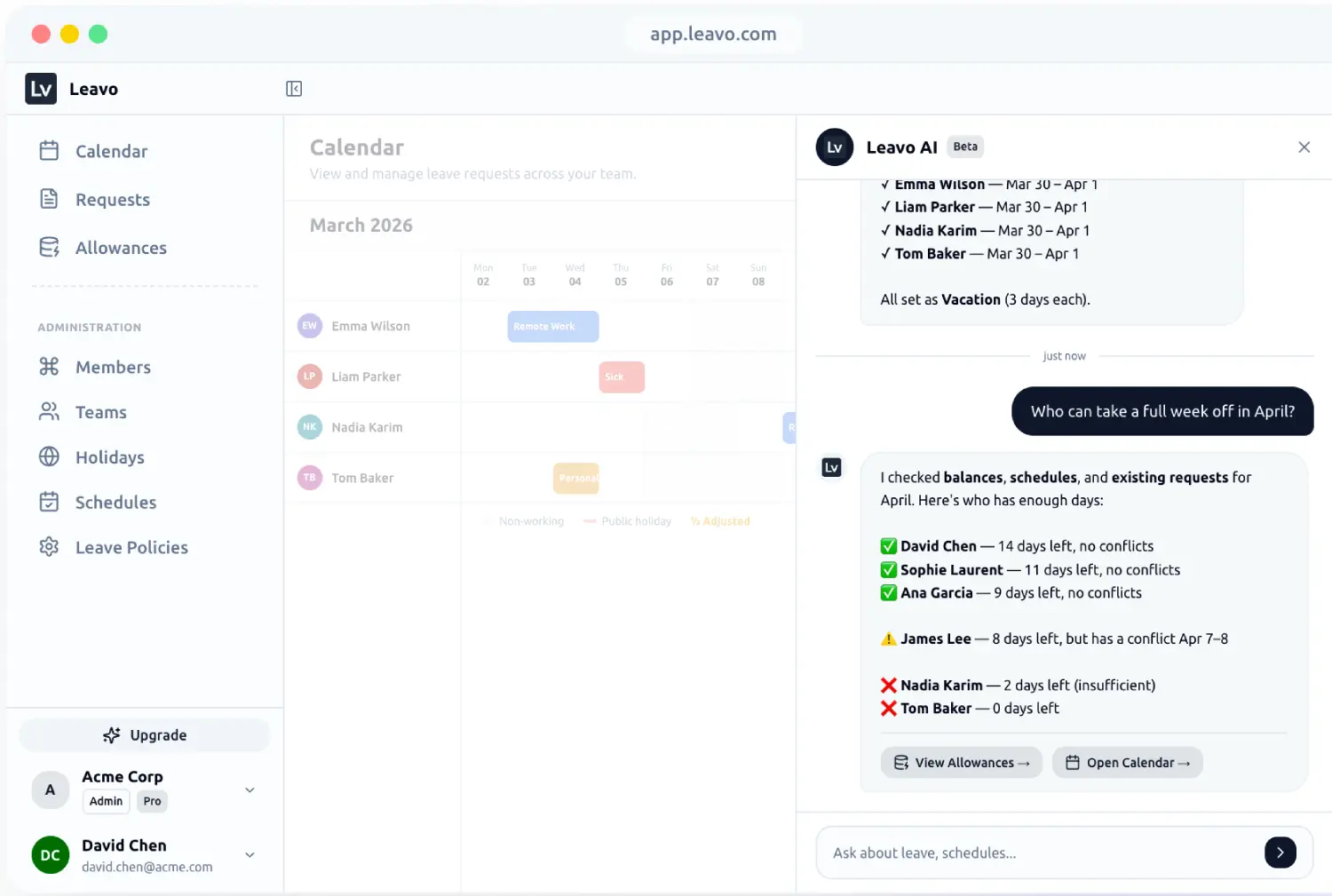 Leavo dashboard screenshot