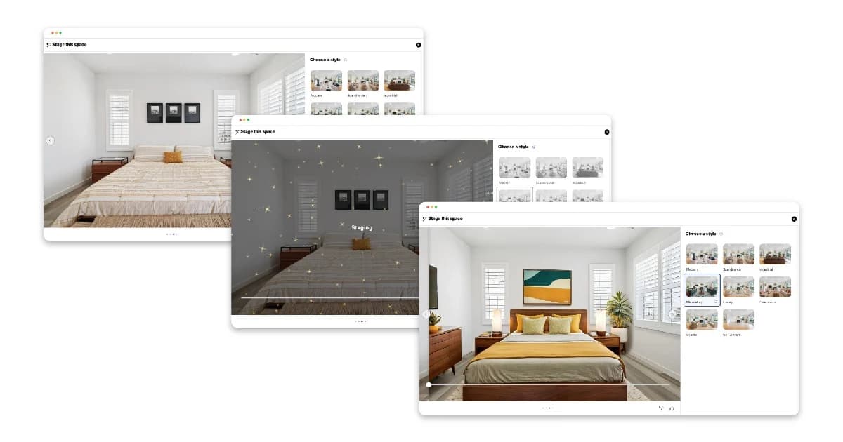 Virtually staged living room with consistent furniture and lighting across angles