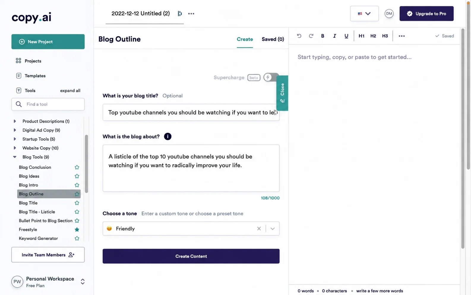 Copy.ai dashboard screenshot
