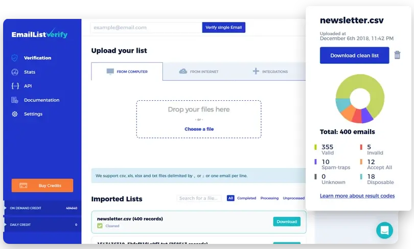EmailListVerify dashboard screenshot