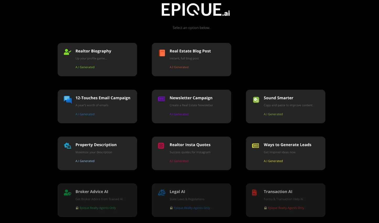 Epique dashboard screenshot