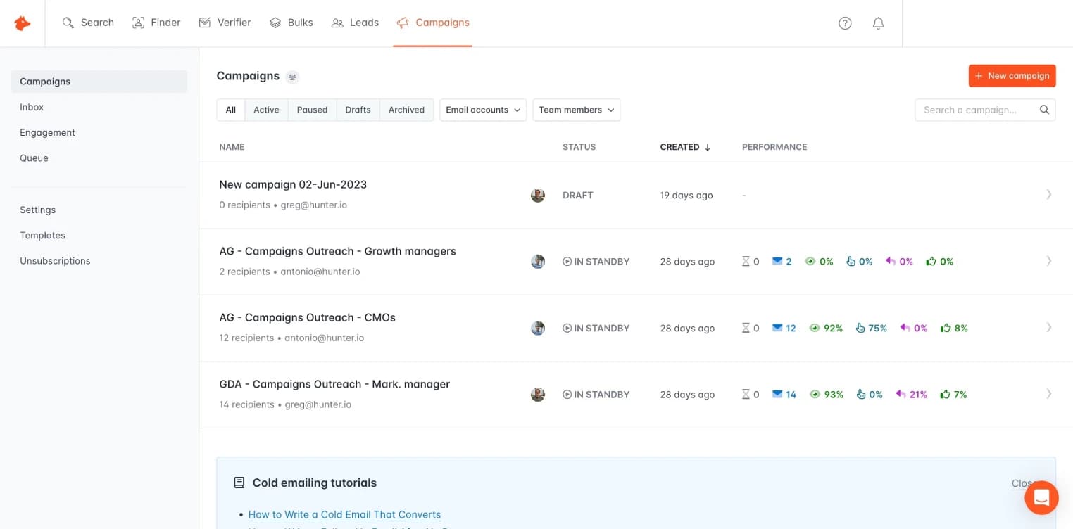 Hunter.io dashboard screenshot