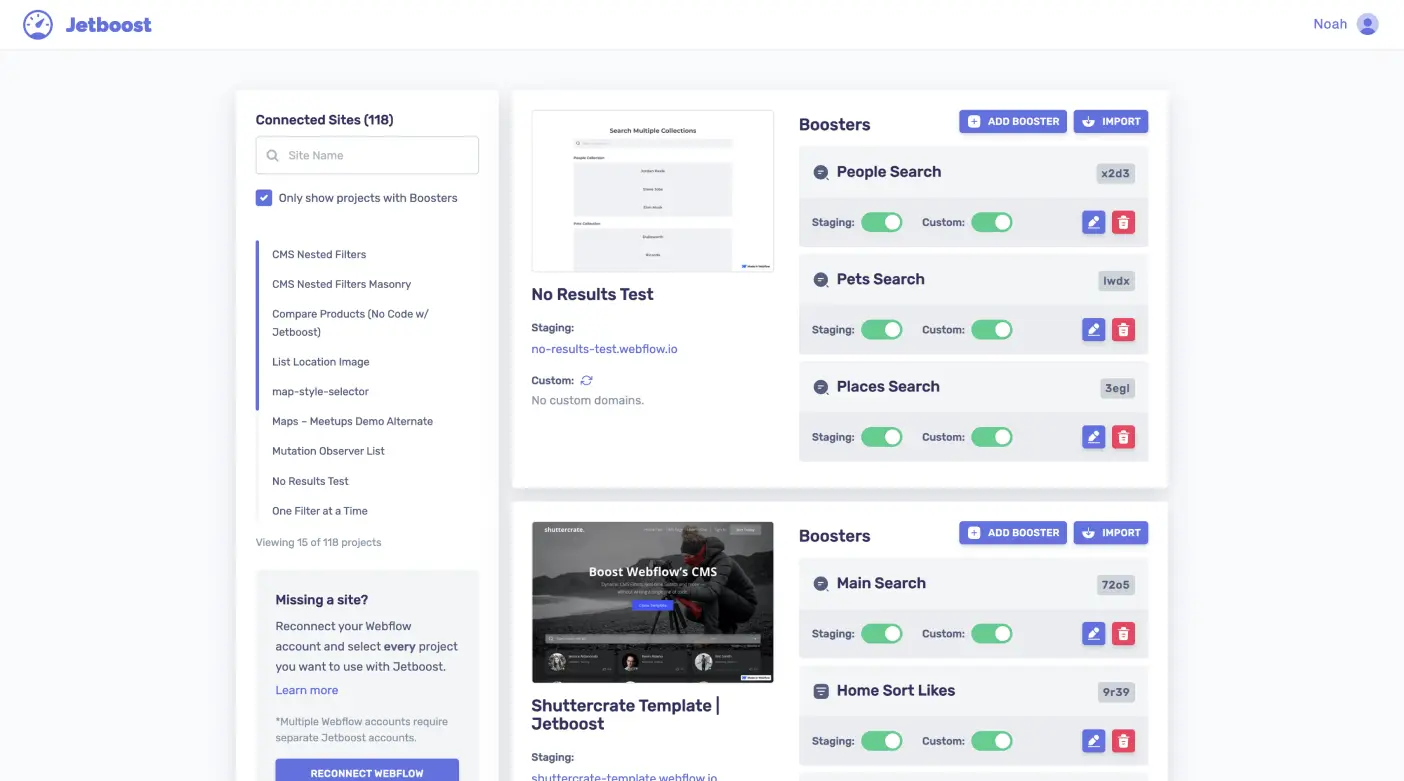 Jetboost dashboard screenshot