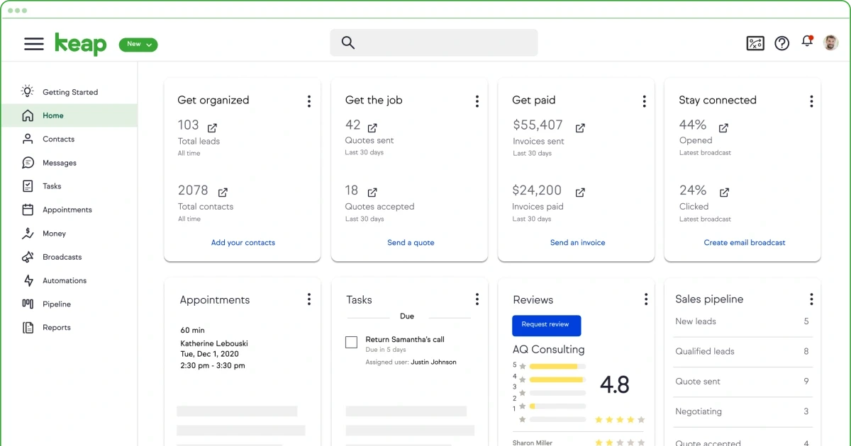 Keap dashboard screenshot