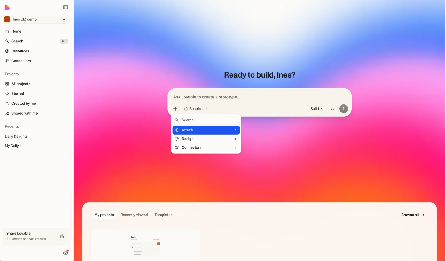Lovable dashboard screenshot