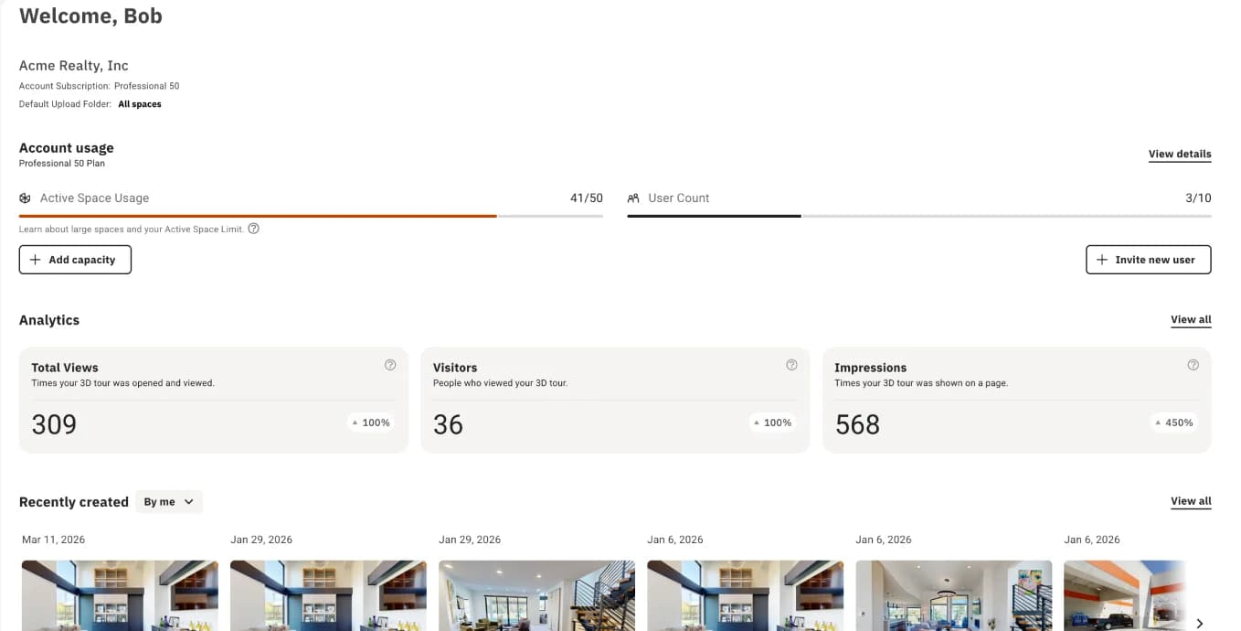 Matterport dashboard screenshot