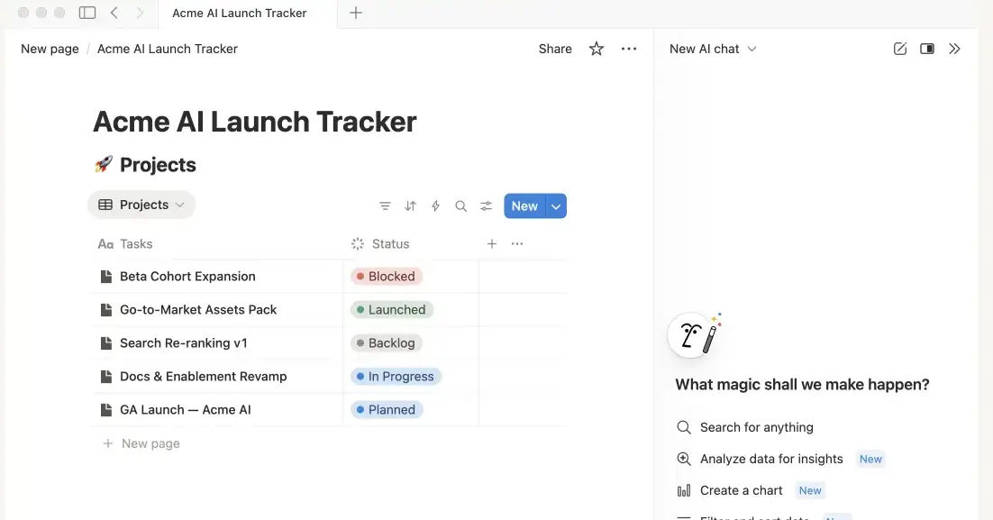 Notion AI dashboard screenshot