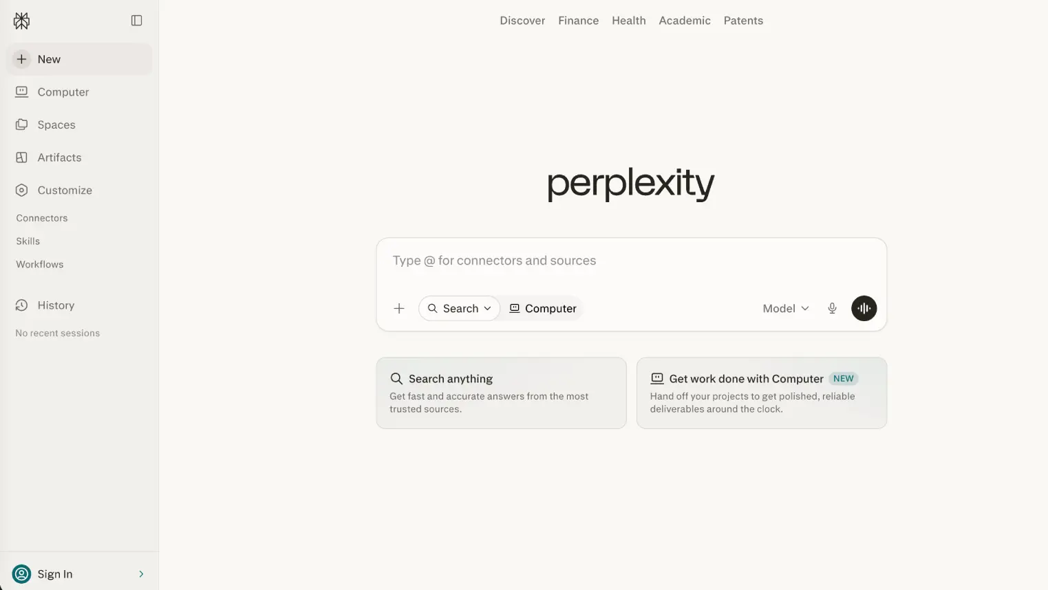 Perplexity AI dashboard screenshot