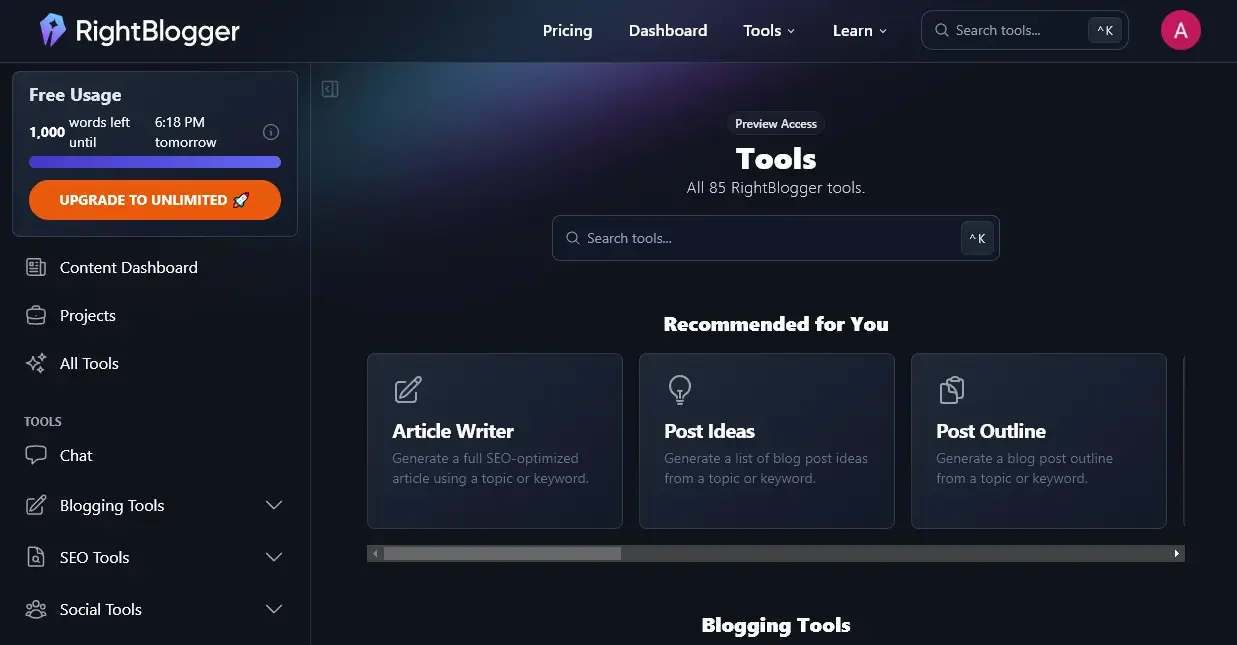 RightBlogger dashboard screenshot