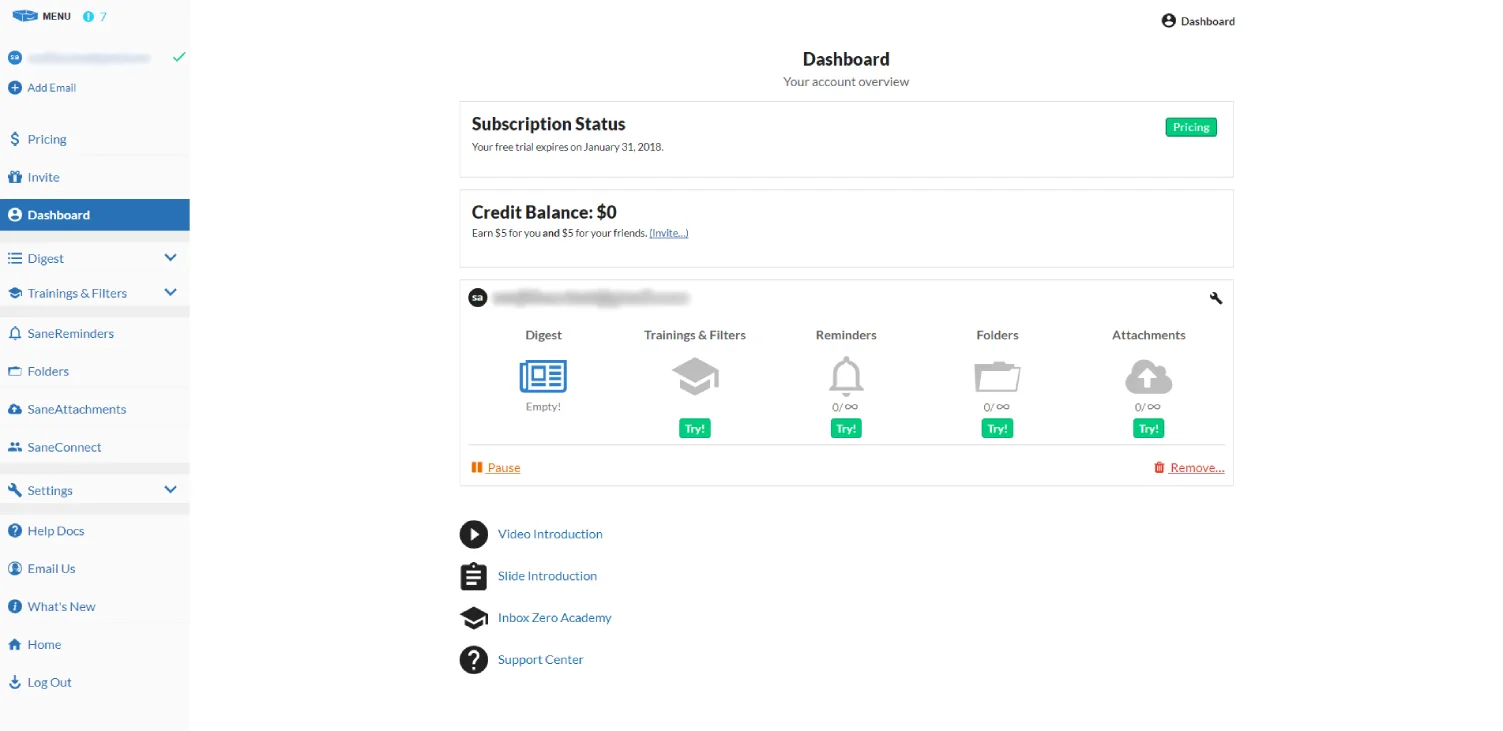 SaneBox dashboard screenshot