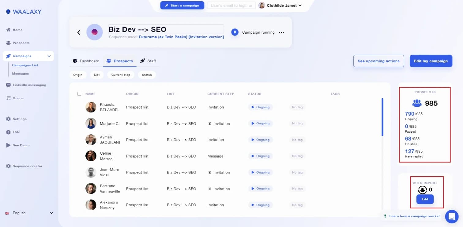 Waalaxy dashboard screenshot